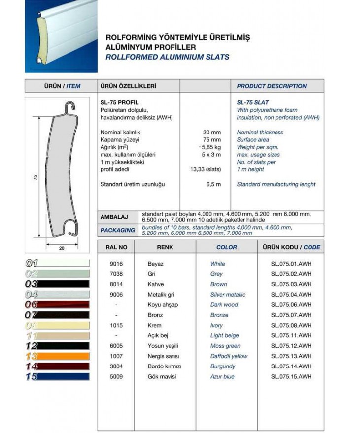 SL 75 POLİÜRETAN DOLGULU ALÜMİNYUM PROFİL